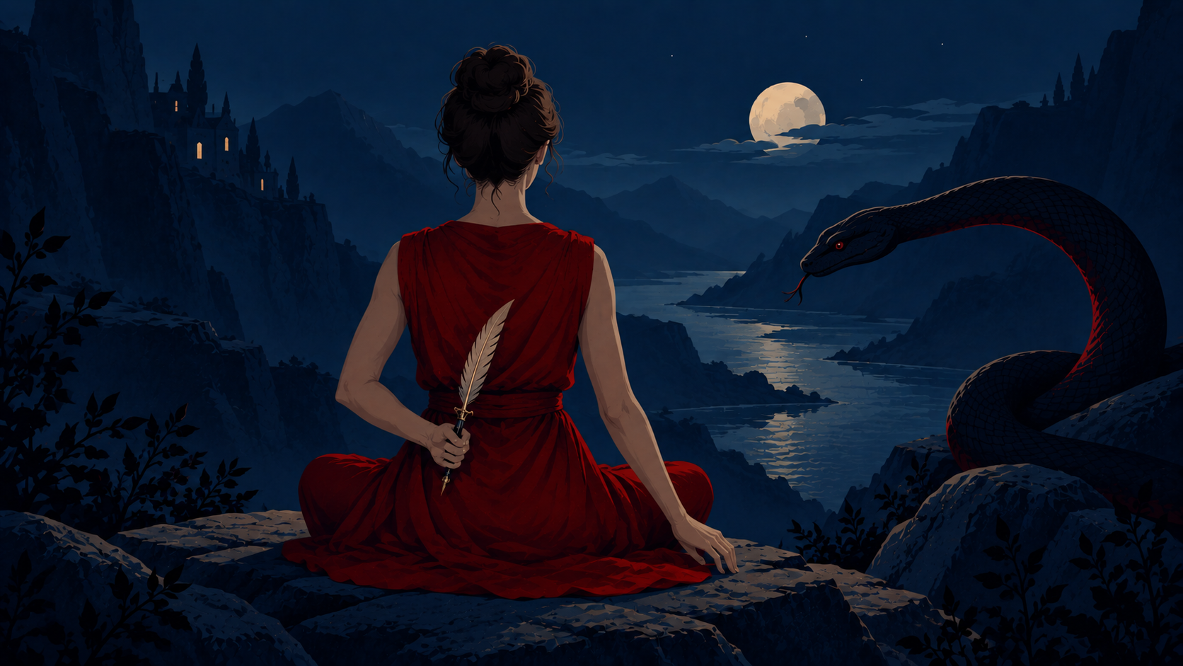 Femme en rouge tenant une plume-dague face à un serpent, dans un paysage nocturne.